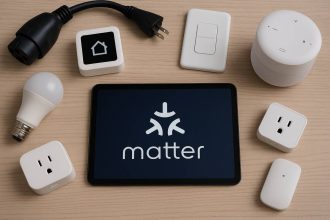 Smart home setup with connected devices including a tablet displaying the Matter logo, smart plugs, light bulbs, switches, and an EV charging cable on a wooden surface.